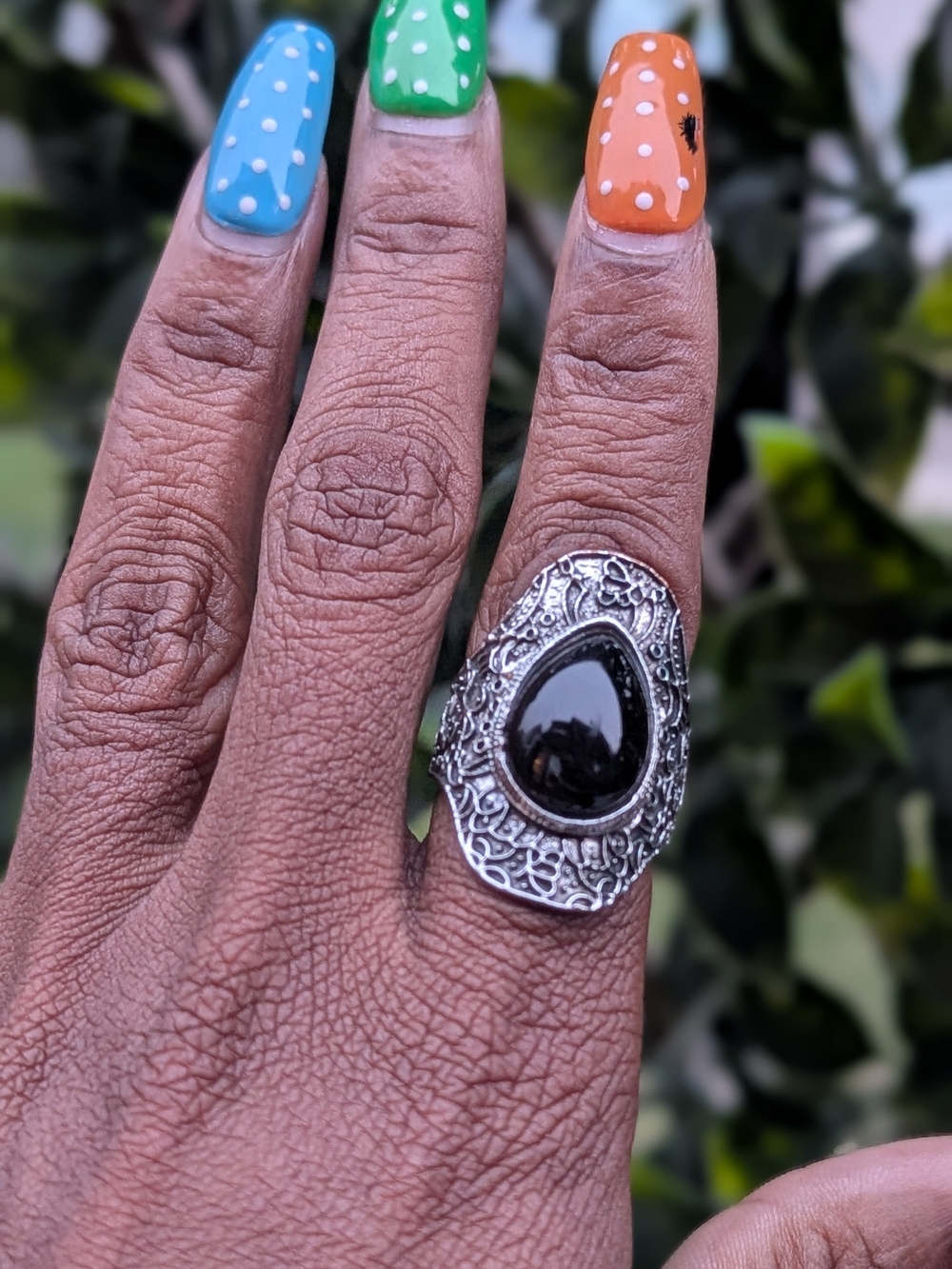 Silver-Tone Black Teardrop Statement Ring - Women Jewelry